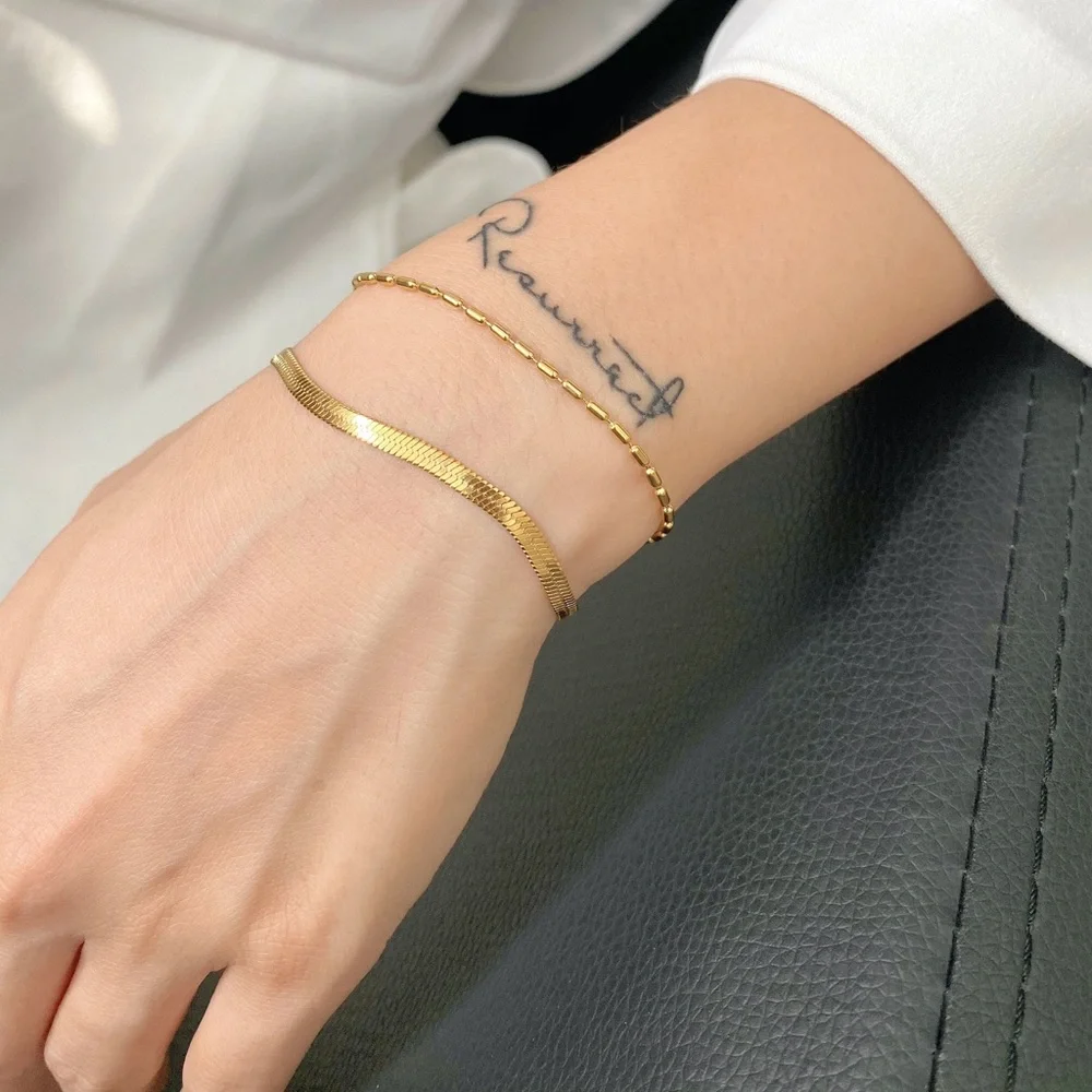 Double layered bracelet, snake chain bracelet, gold braceletherringbone bracelet